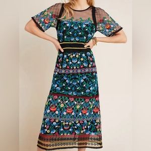 ANTHROPOLOGIE ESTHER EMBROIDERED MIDI DRESS